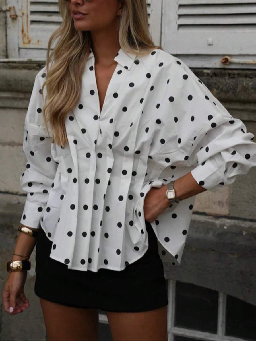 Women's V-Neck Fashion White Polka Dot Contrast Color Long Sleeve Collared Shirt, Suitable For Autumn Daily Wear - White - View 1