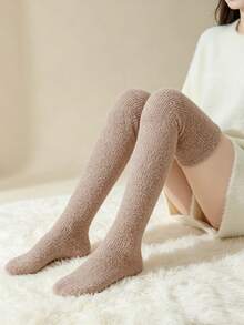 3 Pairs Women's Winter Coral Fleece Over-The-Knee Long Socks, Thickened Warm Fuzzy Slouch Socks, Soft Cozy Home Sleep Leg Warmers, Grey White Coffee Gentle Solid Colors, High-Top Calf Wrap Windproof Cold-Resistant, Elastic Cuff Non-Tight, Home Warmth - Multicolor - View 2