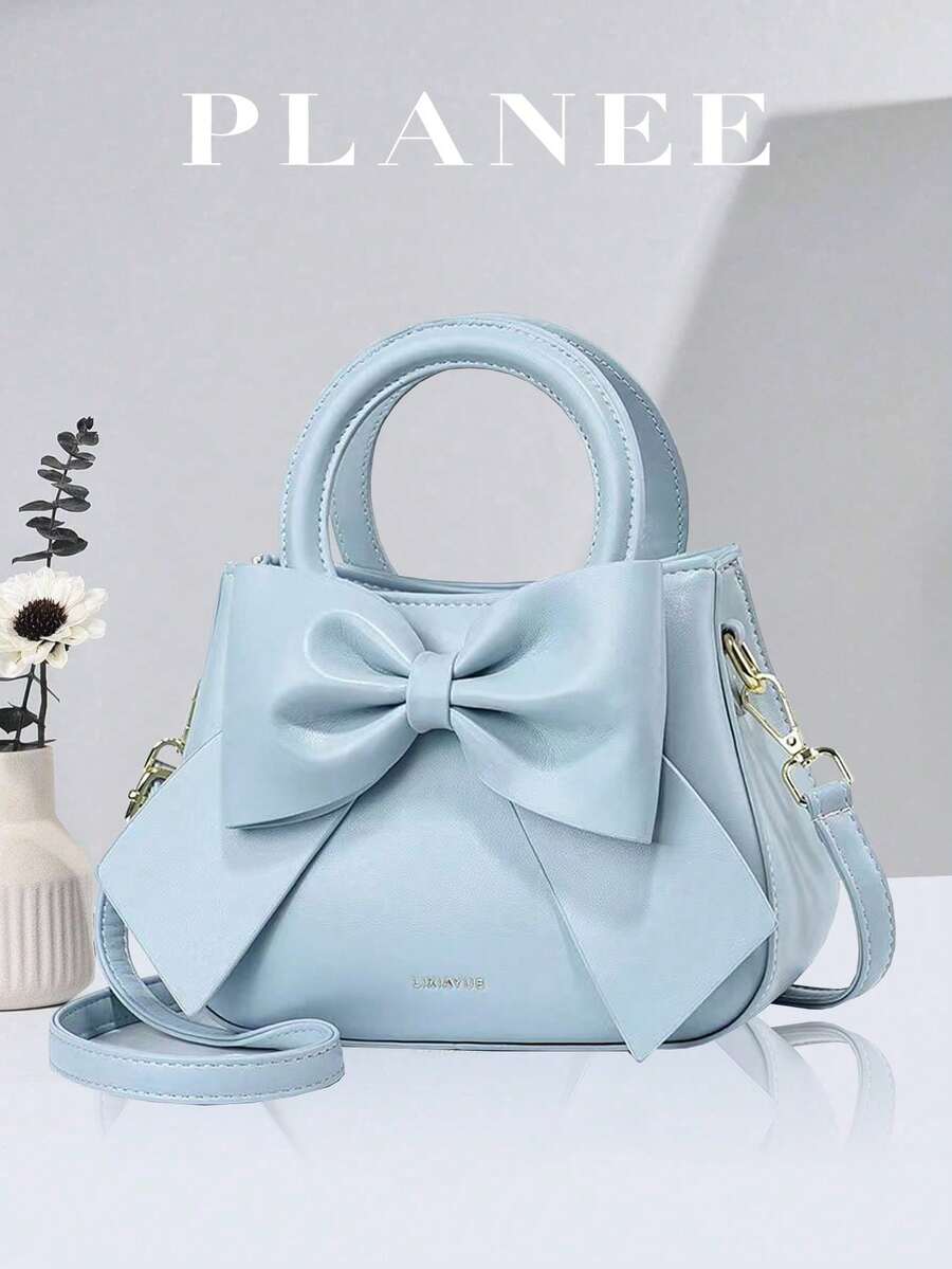 Classic Solid Color Tote Bag With Elegant Bow Detail, Adjustable Shoulder Strap, Suitable For Students, Teachers, Office Ladies, Commute & Work - Baby Blue - View 1