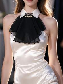 1pc Court Style Lace Satin Multi-Layer Ruffle Fake Collar With Pearl Chain Decoration, Versatile Shirt Collar Accessory - Multicolor - View 1