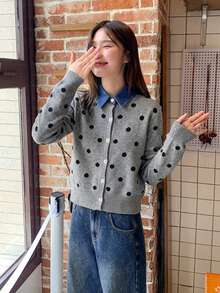Polka Dot 2 In 1 Denim Patchwork Polo Collar Knit Sweater Cardigan - Grey - View 7
