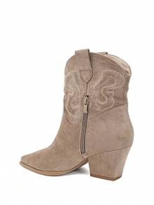 REYNEA Women's Western Y2K Vintage Cowboy Embroidered Boots, Pointed Toe, Chunky Heel, Side Zipper, Perfect For Daily Wear - Khaki - View 6