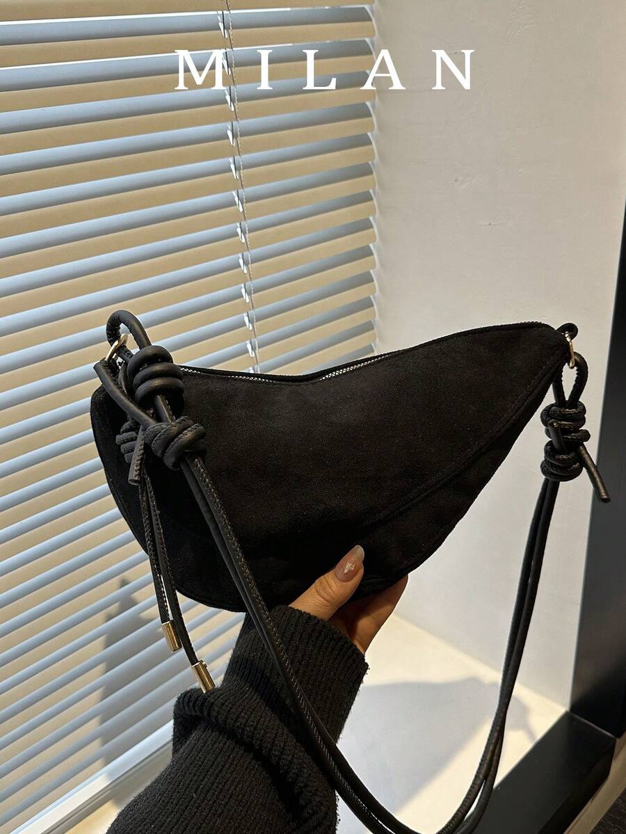 1pc Solid Color Matte Suede Fabric Shoulder Bag Women's Vintage Fashion Crescent Bag With Stitching Patchwork Zipper Closure Suitable For Daily And Street Use