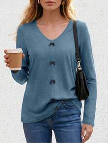 Women's V-Neck Long Sleeve T-Shirt, Bow Decor, Regular Length Top, Suitable For Autumn/Winter Wear, Casual Style - Gray-blue - View 3