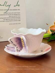 Hand-Painted 3D Butterfly Ceramic Tea Cup And Saucer Set, Butterfly Spoon, Embossed Pink Coffee Cup, Elegant Afternoon Tea Tableware, Home Cafe Decor, Birthday Gift, Housewarming Gift - Multicolor - View 9
