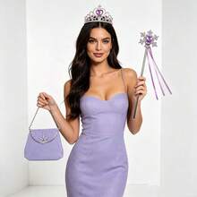 Purple 3-Piece Princess Daily Outfit Set, Includes 1 Fairy, 1 Crown, 1 Handbag, Suitable For Daily Wear,Halloween - Purple - View 8