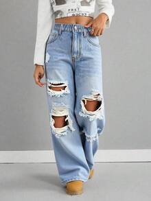 Teen Girls Casual Fashion Distressed Jeans - Blue - View 3