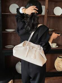Grass Green Woven Texture Women's Tote Bag, High-End Large Capacity Shoulder Underarm Commuter Versatile Bag - White - View 4