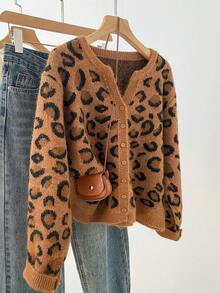 Women's Vintage Leopard Print Fuzzy Knit Cardigan, Round Neck Button Front Loose Sweater Jacket, Autumn/Winter Daily Wear - Khaki - View 1