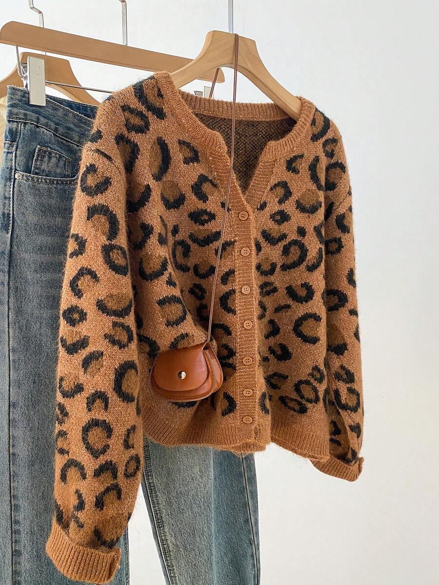 Women's Vintage Leopard Print Fuzzy Knit Cardigan, Round Neck Button Front Loose Sweater Jacket, Autumn/Winter Daily Wear - Khaki - View 1