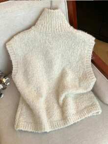 Women's Collared Front Button Sleeveless Knit Sweater Vest, Textured Fuzzy Knit, Casual Autumn/Winter Layering Vest - Beige - View 5