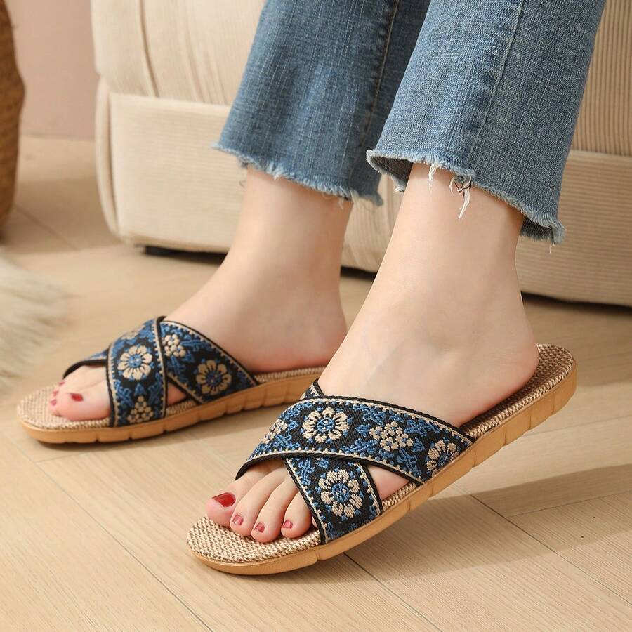 Spring/Summer Women's Home Slippers Cross Strap Linen Slippers Vintage Floral Pattern Breathable All-Season Indoor Floor Slippers Beach Vacation Comfortable Slippers - Navy Blue - View 1