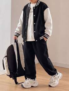 Boys' & Teens' Colorblock Sports Cardigan Baseball Jacket, Autumn/Winter Fashion Casual Loose Fit Jacket - Black - View 1
