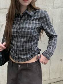 韓式秋季新款百搭設計抽繩格紋短袖襯衫上衣女款 - 黑色格紋 - 查看 2