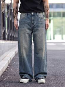 1pc Men's Denim Wide Leg Pants, Cat Whisker Design, Versatile, Street Style, Suitable For Daily Wear - Blue - View 2