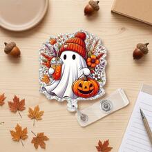 3/2/1pc Halloween Cute Retractable Badge Reel, White Ghost With Pumpkin & Floral Pattern, Rotating Clip, Glitter Ghost Name Tag Holder Accessory, Nurse Student Gift - Multiple Styles - View 4