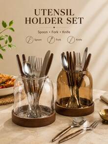 1pc Glass Kitchen Utensil Holder, Solid Wood Base, Open-Top Kitchen Utensil Storage Can, Suitable For Forks, Spoons, Chopsticks And Small Tools, Transparent Or Amber Color Optional, Suitable For Countertop, Dining Table, Dorm And Daily Home Storage, Utensils Not Included - View 6