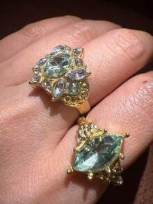 2pcs French Vintage Olive Green Zirconia Rings, Luxury Design Open Rings, Suitable For Women's Daily Wear - Green - View 2