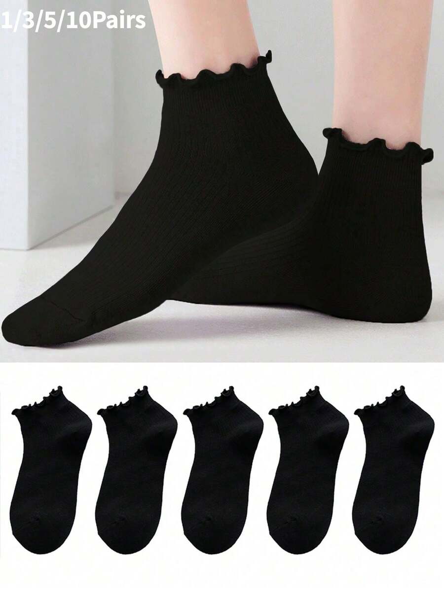 1/3/5/10 Pasang Kaos Kaki Wanita Warna Polos Manis Lucu Gaya Jepang Hitam Tipis dengan Tepi Digulung - Hitam - View 1