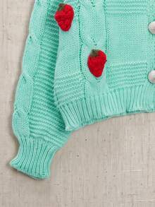 Cute Preppy Cable Knit Cardigan, Strawberry Patchwork V-Neck Shiny Buttons Loose Fit, Suitable For Thanksgiving Campus Outfit - Blue - View 9