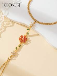 EchoNest 1pc Golden Stainless Steel Red Flower Linked Finger Bracelet With Zirconia, Vacation Party Finger Chain Decorative Accessory - Yellow Gold - View 3