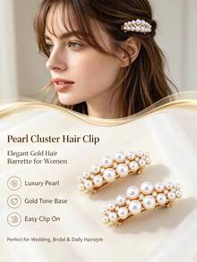 1/2 Luxury Pearl Cluster Spring Hair Clip, Gold Base, Bridal Wedding Commute Elegant Side Bangs Clip - Multicolor - View 1