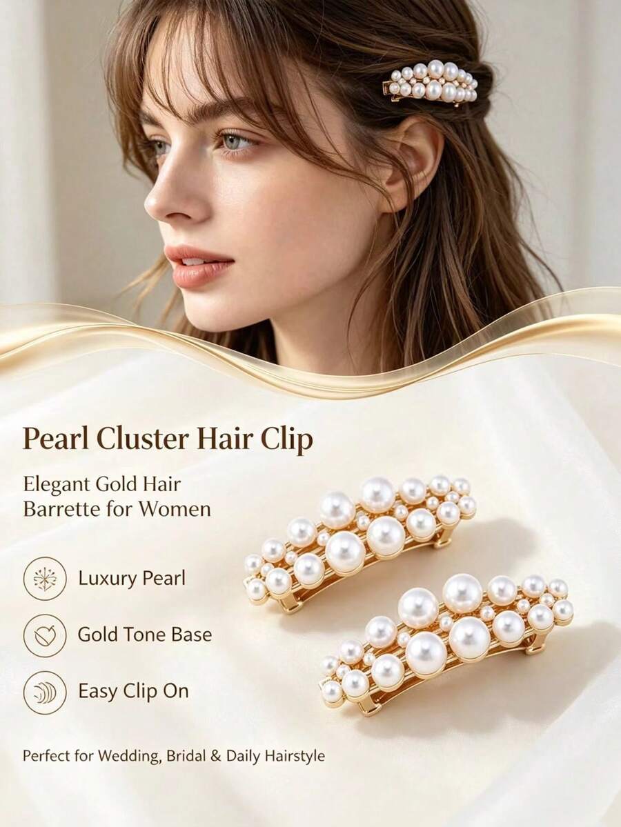 1/2 Luxury Pearl Cluster Spring Hair Clip, Gold Base, Bridal Wedding Commute Elegant Side Bangs Clip - Multicolor - View 1