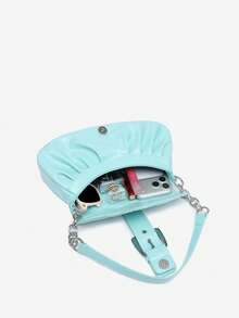 1pc Vintage Button Decor Blue Pleated Cloud Flap Shoulder Chain Underarm Tassel Bag Suitable For Dating, Outing, Party - Mint Blue - View 5