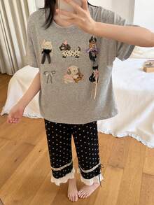 2pcs/Set Women's Pajamas Loungewear Set, Cute Animal Pattern Crew Neck Short Sleeve Polka Dot Print Cropped Pants Comfortable Home Style - Grey - View 2