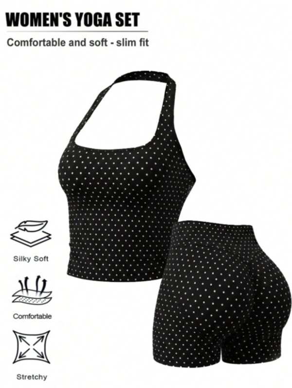 Women's Vintage Polka Dot Ribbed 2-Piece Yoga Set, Halter Neck Backless Cropped Tank Top + Fitted Hip-Hugging Biker Shorts, Daily Workout Sports Outfit