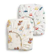 2 Stücke/Set Baby 100% Baumwolle Cartoon Muster Spannbetttuch, atmungsaktiv & feuchtigkeitsableitend Matratzenbezug Bettlaken Set, Ganzjahres-Patchwork Matratzenschutz, mehrere Größen erhältlich - Auto + Mondbär - Übersicht 13