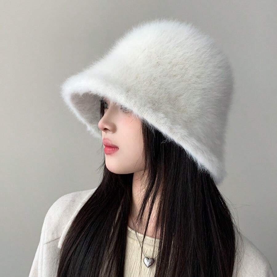 New Women's Autumn/Winter Versatile Mink Fur Bucket Hat, Solid Color Minimalist Fashion Outdoor Warm Ear Protection Cold-Proof Bell-Shaped Bucket Hat - Multicolor - View 1