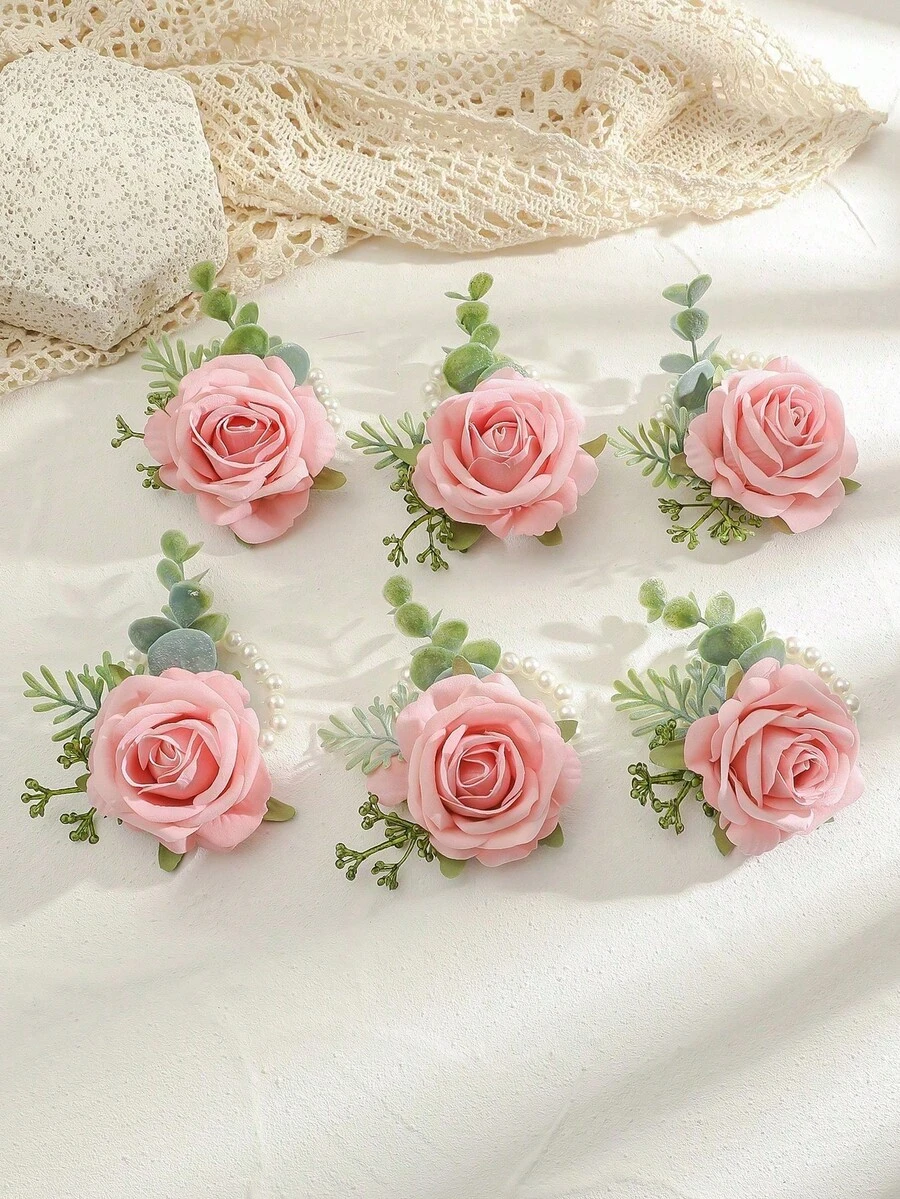 1 pieza/6 piezas Corsage de muñeca para mujer, flor de mano para novia y dama de honor, decoración de rosa rosa rubor, adorno de mano para fiesta nupcial, broche de muñeca, accesorio de pulsera para fiesta de cóctel, baile y uso diario - Rosa carne - Ver 1