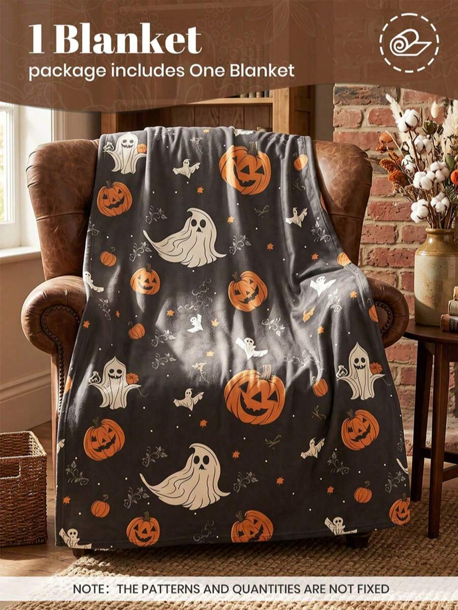 1PC Black Background Halloween Print Blanket Pumpkin Ghost Pattern Throw Blanket Holiday Atmosphere Home Sofa Decor Blanket - Multicolor - View 1