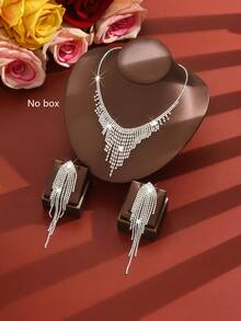 1 Pair Long Tassel Earrings + 1 Piece Waterfall Layered Tassel Necklace Bridal Wedding Jewelry Set, Suitable For Daily Wear, Banquet, Party/Gift - Silver - View 1