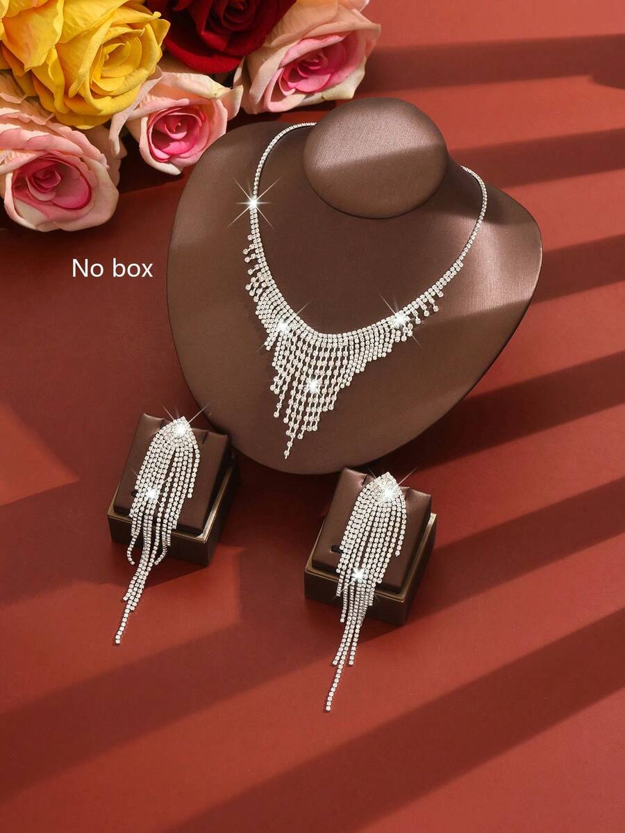1 Pair Long Tassel Earrings + 1 Piece Waterfall Layered Tassel Necklace Bridal Wedding Jewelry Set, Suitable For Daily Wear, Banquet, Party/Gift - Silver - View 1