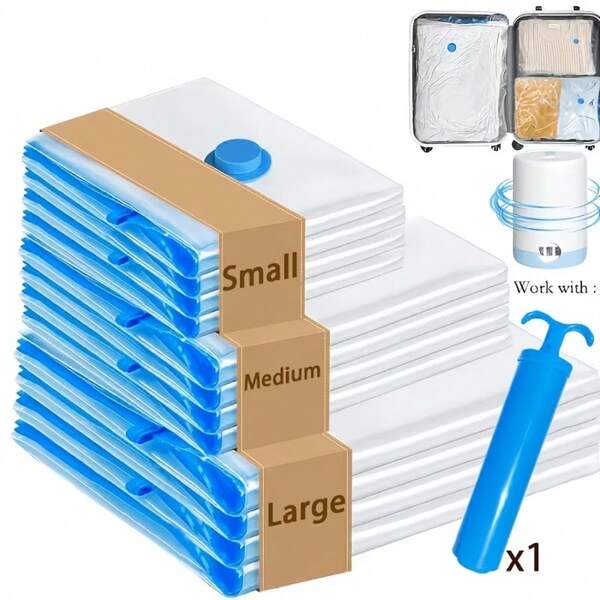 Grup Erik 3pcs Vacuum Compression Travel Storage Bag Set, Includes 2 Storage Bags And Free Air Pump, Multiple Sizes Available, Space-Saving Airtight Organizer Bags, Suitable For Clothes, Blankets, Pillows, Suitcase Packing, Moving And Closet Storage