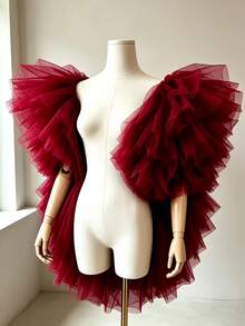1pc Burgundy Sheer Tulle Shoulder Shawl Fairycore Bridal Mesh Wrap Elegant Cape For Wedding Evening Party Halloween Cosplay Stage Photoshoot - Burgundy - View 6