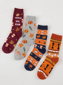1/4 Pairs Random Women's Fun Halloween Socks With Pumpkin Head, Ghost, Witch Prints, Suitable For Party And Holiday Wear - Multicolor - View 2