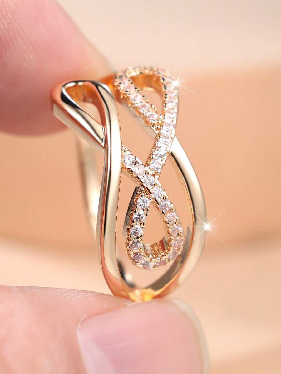 1 Elegant Double-Layered Interwoven Infinity Symbol Women's Ring - A Delicate And Refined Ring Perfect For Work, Dates, Or As A Gift - Yellow Gold - View 1