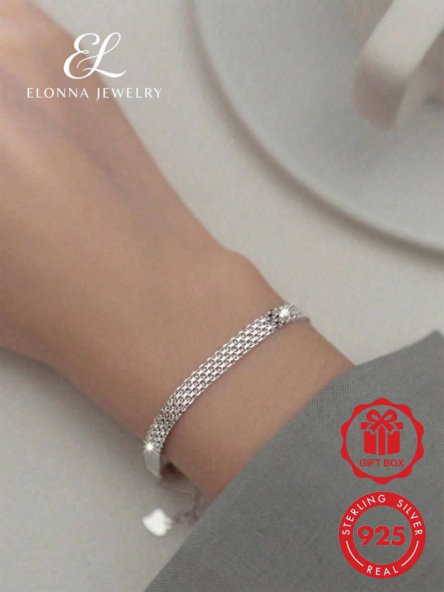 SYMFNY Minimalist Wide Band 925 Sterling Silver Basic Chain Bracelet - Silver - View 1
