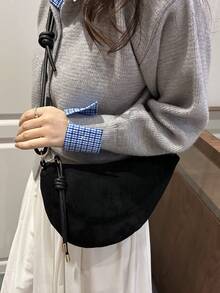 1pc Solid Color Matte Suede Fabric Shoulder Bag Women's Vintage Fashion Crescent Bag With Stitching Patchwork Zipper Closure Suitable For Daily And Street Use - Black - View 11
