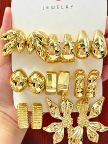 1 Pair - 9 Pairs Leaf, Water Drop, Square Earrings With Textured Stripes, Flower Asymmetrical Exaggerated Earrings Set, Resin Material, Suitable For Daily Wear. - Yellow Gold - View 2
