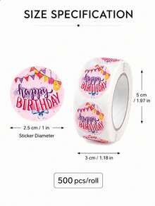 1 Roll 500pcs Happy Birthday Stickers, Colorful Round Gift Bag Seal Labels, Dessert Box Packaging Labels, Suitable For Birthday Party And Anniversary Celebration - Multicolor - View 6