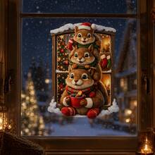 1pc Winter Snowy Window Sill Squirrel Glass Sticker, Warm Light Christmas Tree & Hot Drink Small Animal Set, Home Floor Window & Shop Gentle Christmas Glue-Free Decorative Sticker - Multicolor - View 1