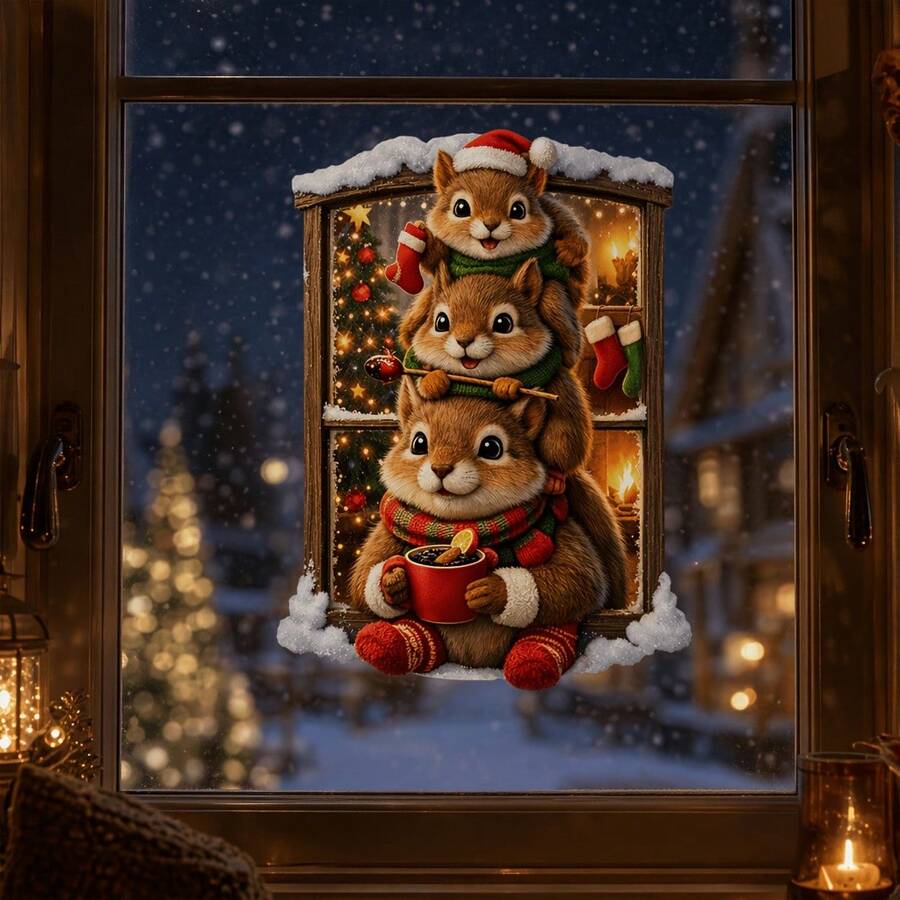 1pc Winter Snowy Window Sill Squirrel Glass Sticker, Warm Light Christmas Tree & Hot Drink Small Animal Set, Home Floor Window & Shop Gentle Christmas Glue-Free Decorative Sticker - Multicolor - View 1