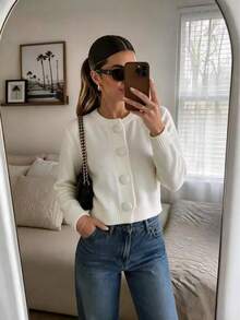 Solid Color Round Neck Front Button Short Knit Cardigan, Minimalist Long Sleeve Sweater Jacket, Casual Fashion Daily Wear Minimalist Outfit - White - View 3