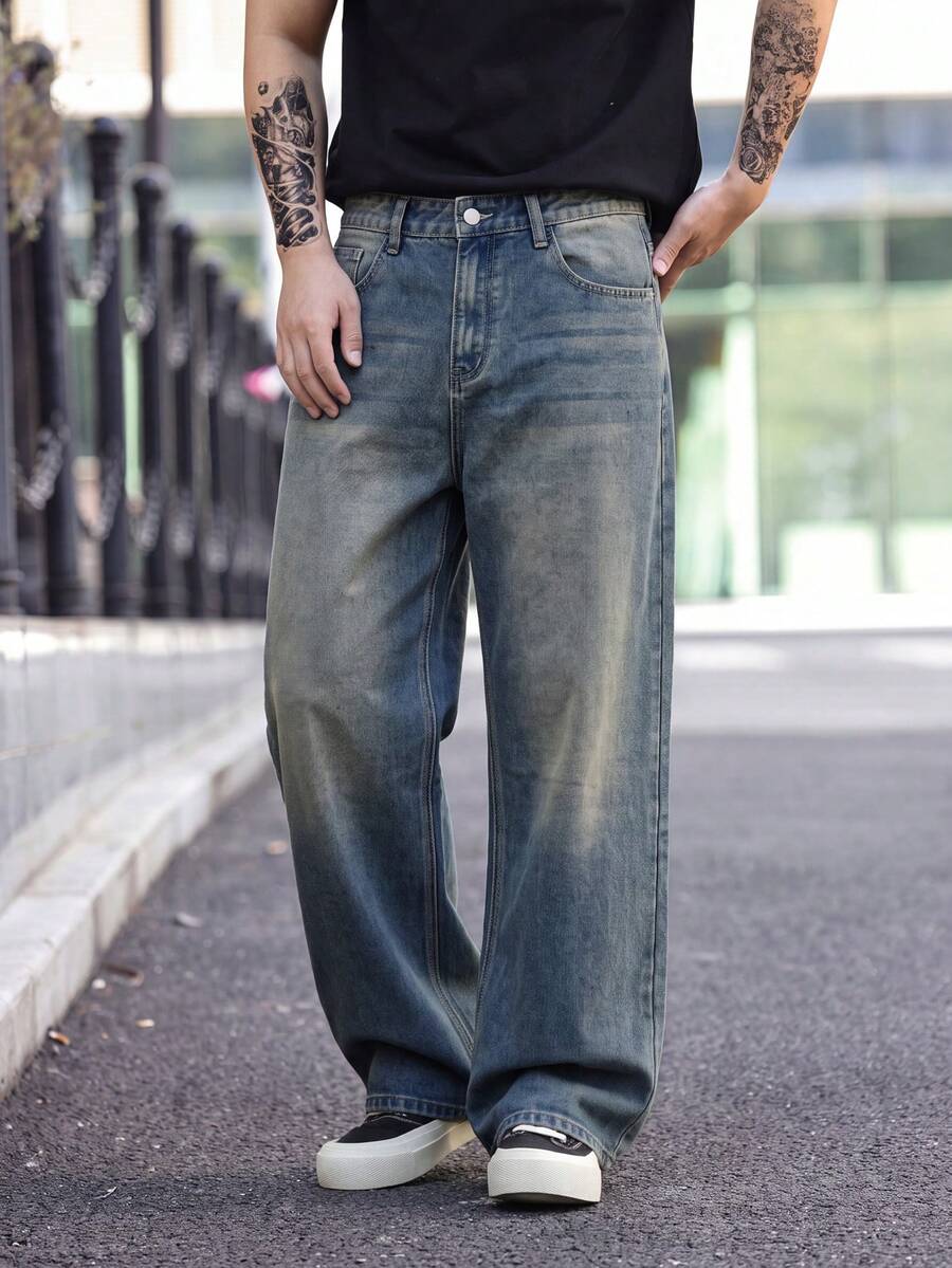 1pc Men's Denim Wide Leg Pants, Cat Whisker Design, Versatile, Street Style, Suitable For Daily Wear - Blue - View 1