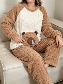 Women's Thick Cable Knit Coral Fleece Pajama Set, Raglan Long Sleeve Loose Wide Leg Pants, Cute Cartoon Home Wear, Can Be Worn Outdoors, Autumn/Winter - Camel - View 2