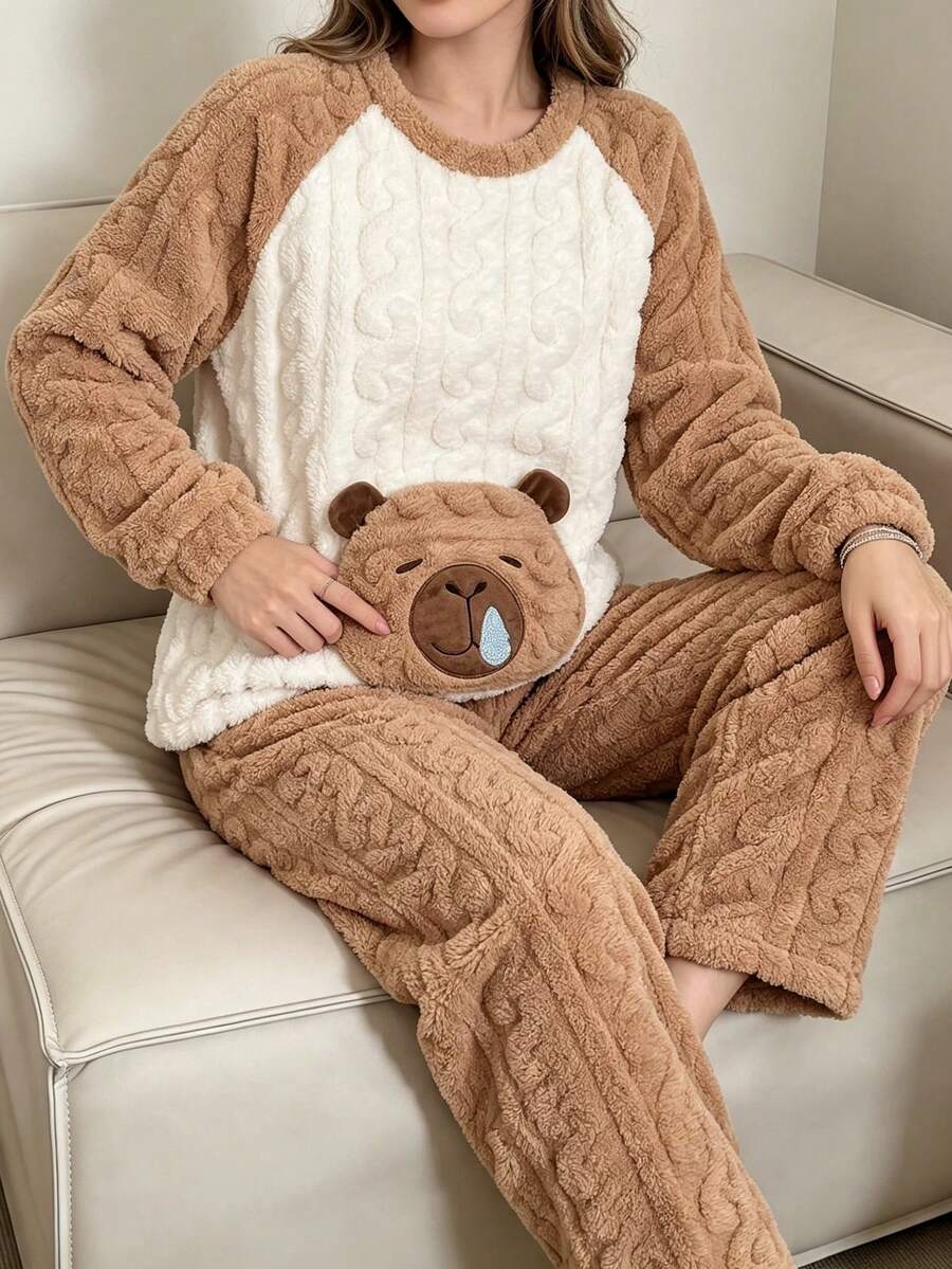 Women's Thick Cable Knit Coral Fleece Pajama Set, Raglan Long Sleeve Loose Wide Leg Pants, Cute Cartoon Home Wear, Can Be Worn Outdoors, Autumn/Winter